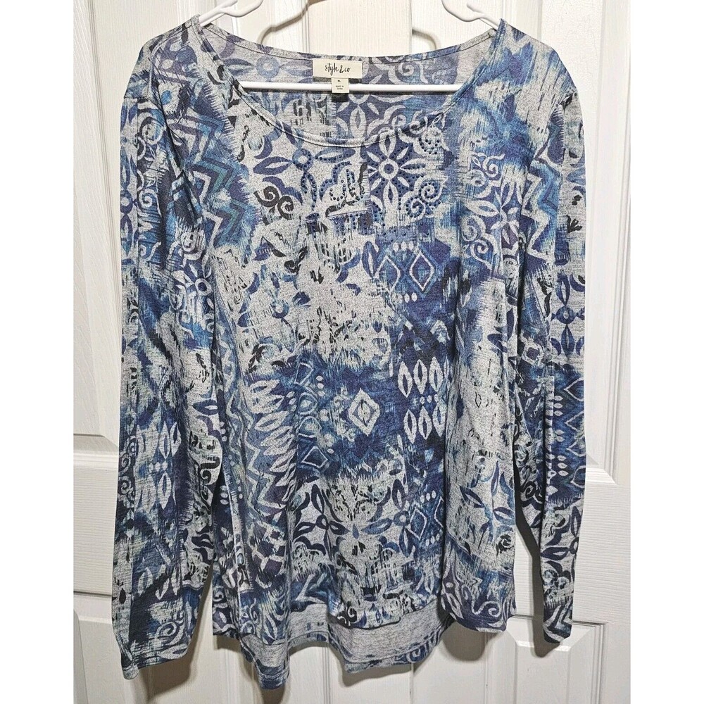 Style & Co Shades Of Blue Gray L/S Abstract, Tribal Rhinestones Trim Top Sz XL